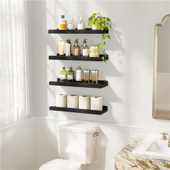 Black Floating Shelves for Wall Set of 4, Wood Wall Shelves with Lip,15.6 Inch - Picture 2 of 7